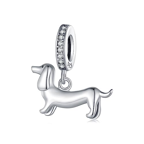 Abalorio de perro salchicha de plata de ley 925 con diseño de cachorro para mujer, compatible con pulseras Pandora, Plata esterlina