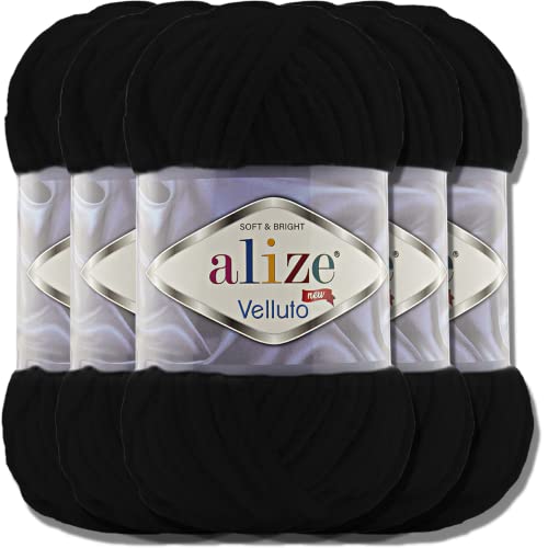 Alize Velluto - Ovillos de lana turca, 100 g cada una, Super Bulky, Ovillo XXL para Amigurumi, suave, lana de bebé, para ganchillo y tejido (negro - 60)