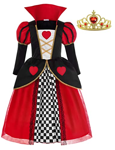ReliBeauty Disfraz de reina Vestido de Corazones Rojos para Niñas con Corona, 140