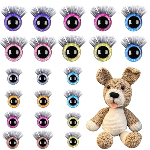 20 Piezas Ojos de Seguridad para Amigurumis, Ojos de Muñeca Brillantes de 20mm y 16mm con Pestañas y Arandelas, Ojos para Animales de Ganchillo para Manualidades de Ganchillo y DIY